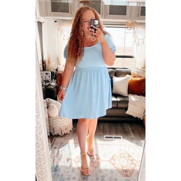 Ofeefan Women Baby Blue Puff Sleeve Square Neck Tie in Back Dresses with Zipper - Picture 2 of 5